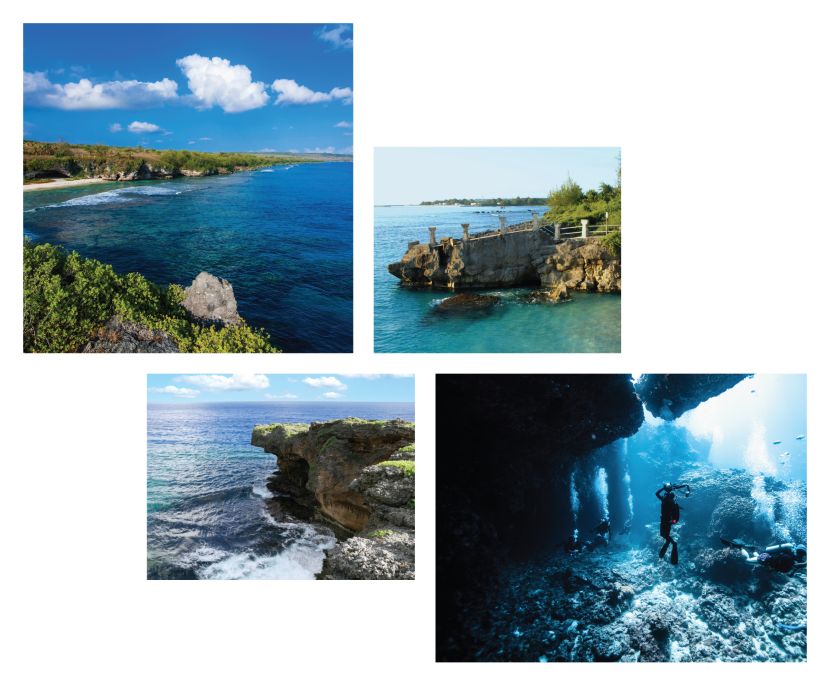 image collage saipan, taga beach, pona point rota, and scuba diver